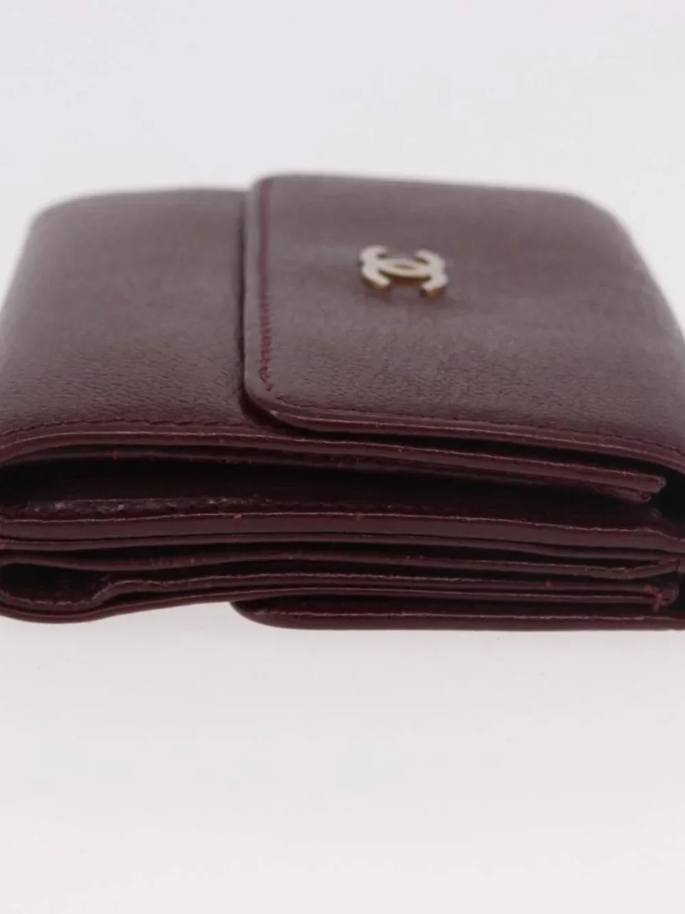 CHANEL Trifold Wallet Leather Bordeaux Gold CC Auth bs35714